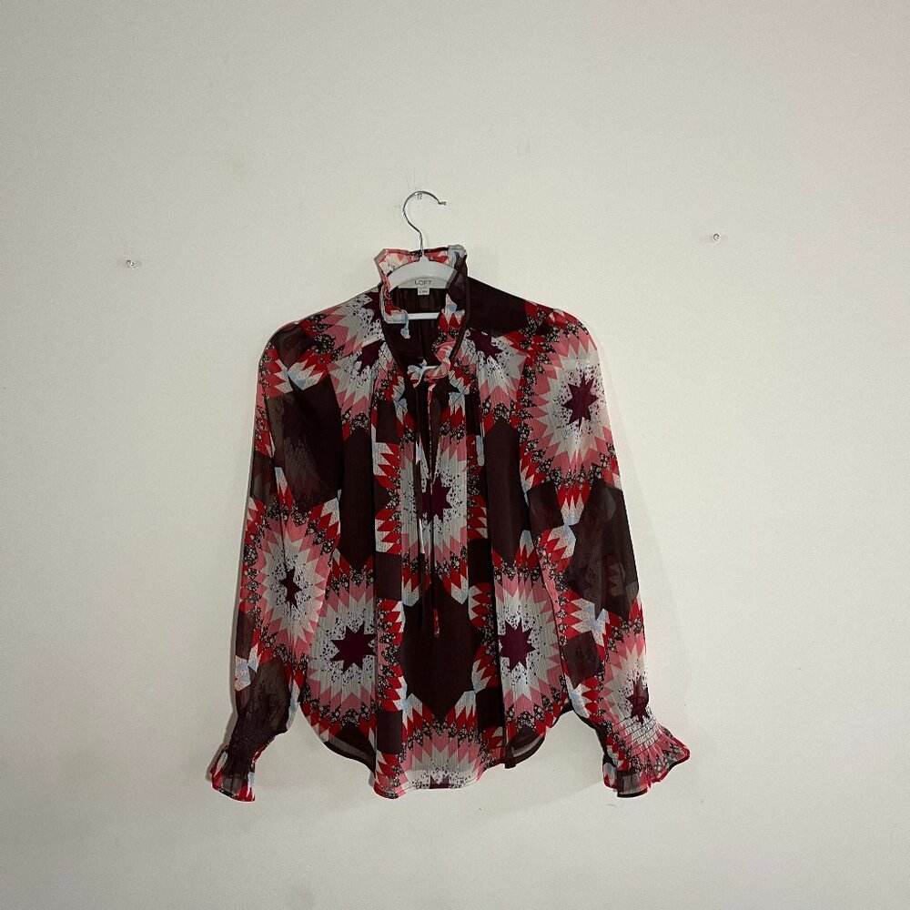 Loft Long Sleeve Quilt Like Pattern Blouse Sheer with Lining Size Small